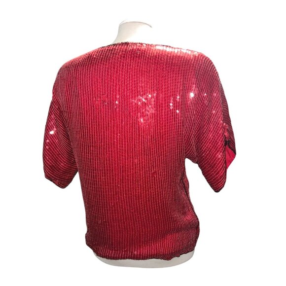 Vintage Jean For Le Bon Red Sequin Beaded Top Medium Pure Silk Short Sleeve Wome - Picture 7 of 11
